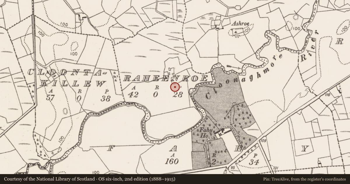 Ordnance Survey six-inch map, 2nd edition (1888–1915) covering the location of Ringfort - rath, Raheenroe, County Mayo, with a pin at the register's coordinates