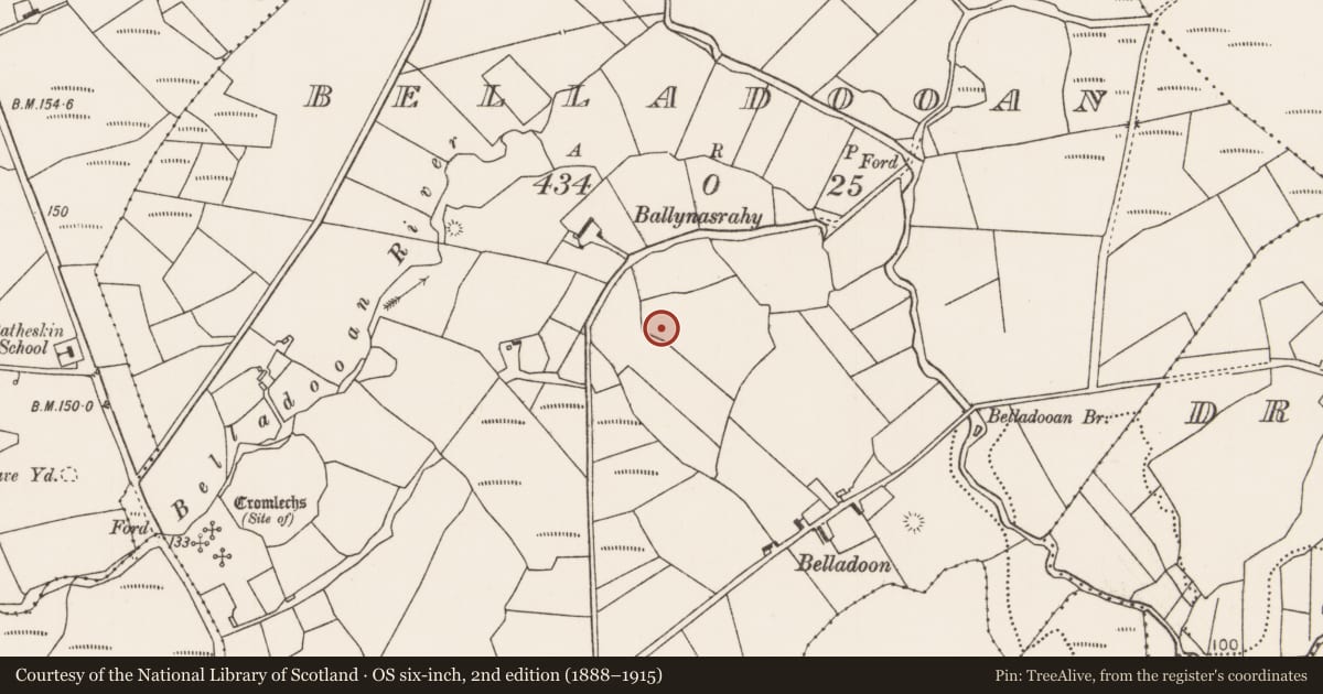Ordnance Survey six-inch map, 2nd edition (1888–1915) covering the location of Slab-lined burial, Belladooan, County Mayo, with a pin at the register's coordinates