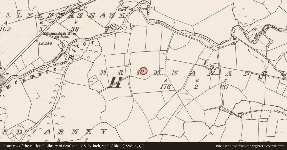 Ordnance Survey six-inch map, 2nd edition (1888–1915) covering the location of Church, Drumnanangle, County Mayo, with a pin at the register's coordinates