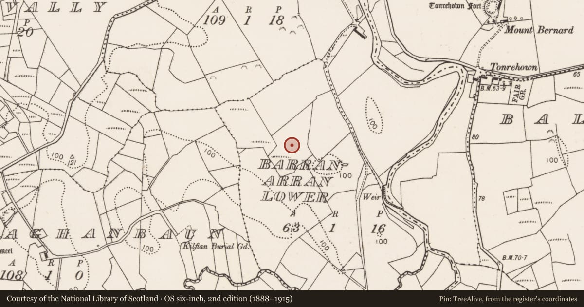 Ordnance Survey six-inch map, 2nd edition (1888–1915) covering the location of Enclosure, Barranarran Lower, County Mayo, with a pin at the register's coordinates