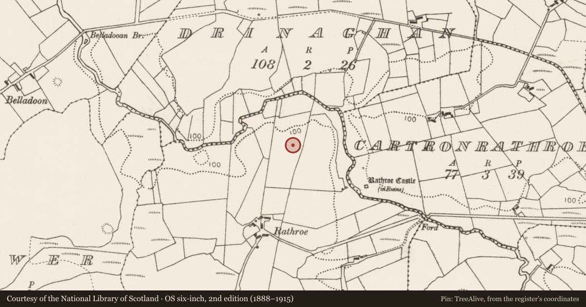 Ordnance Survey six-inch map, 2nd edition (1888–1915) covering the location of Ringfort - rath, Rathroe, County Mayo, with a pin at the register's coordinates