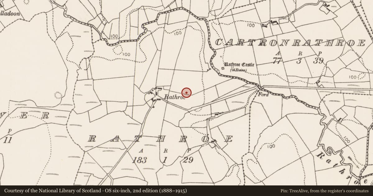 Ordnance Survey six-inch map, 2nd edition (1888–1915) covering the location of Burial ground, Rathroe, County Mayo, with a pin at the register's coordinates