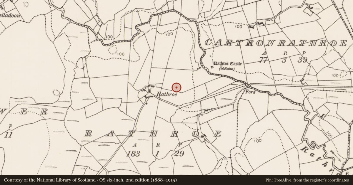 Ordnance Survey six-inch map, 2nd edition (1888–1915) covering the location of Burial, Rathroe, County Mayo, with a pin at the register's coordinates