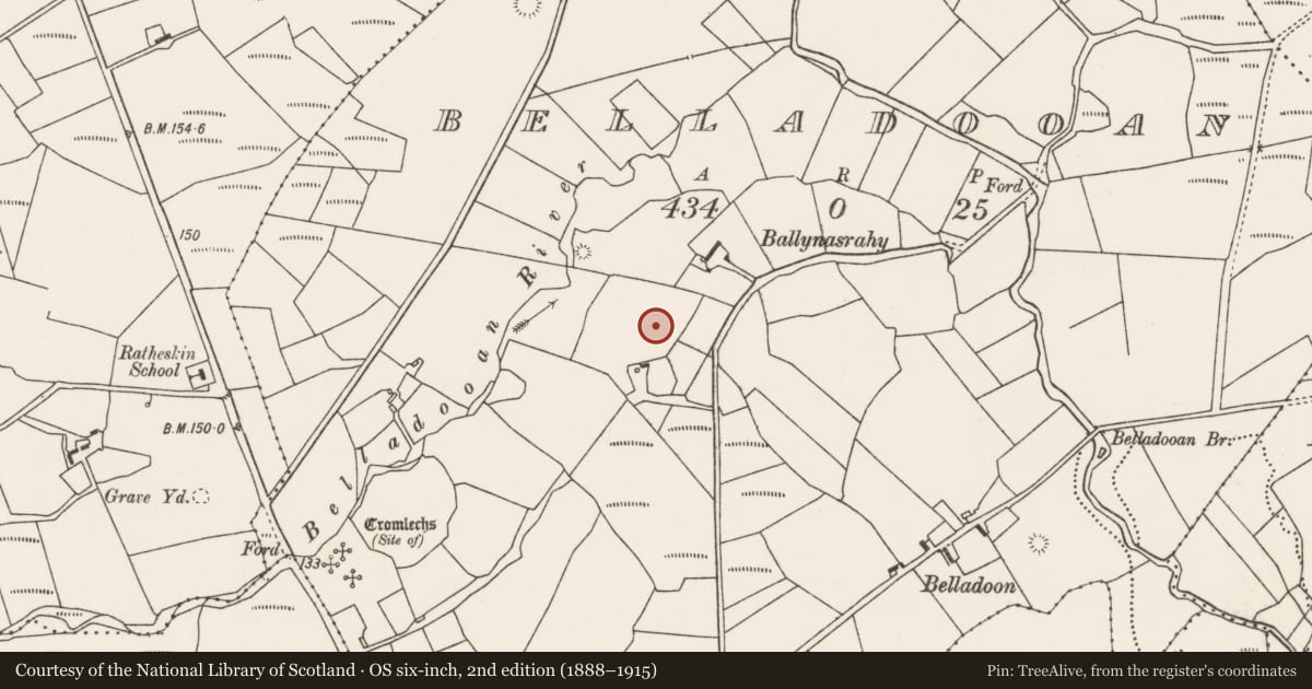 Ordnance Survey six-inch map, 2nd edition (1888–1915) covering the location of Souterrain, Belladooan, County Mayo, with a pin at the register's coordinates