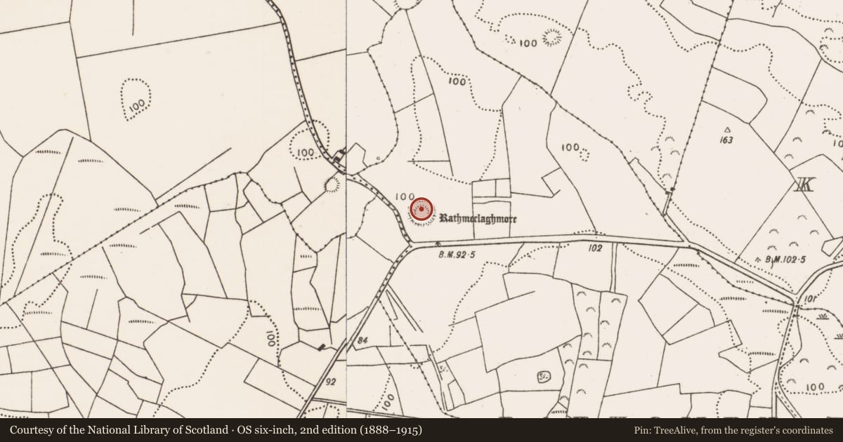 Ordnance Survey six-inch map, 2nd edition (1888–1915) covering the location of Ringfort - rath, Rathowen East, County Mayo, with a pin at the register's coordinates