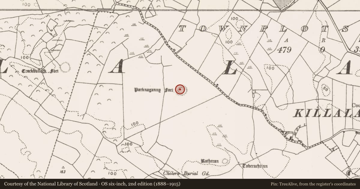 Ordnance Survey six-inch map, 2nd edition (1888–1915) covering the location of Ringfort - rath, Killala, County Mayo, with a pin at the register's coordinates