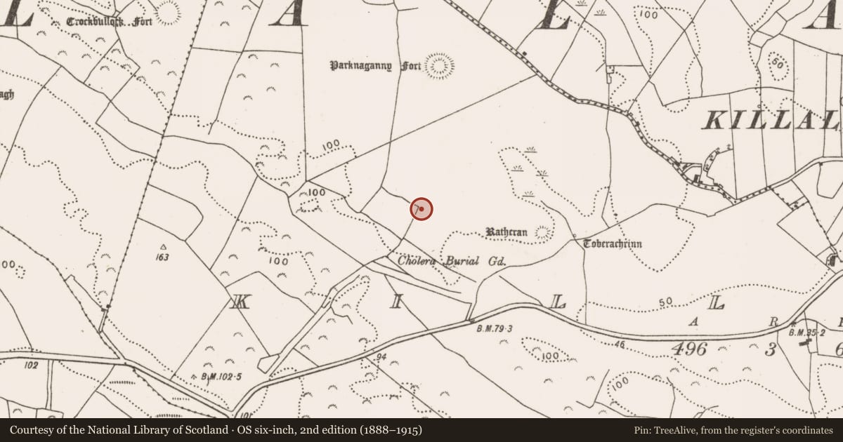 Ordnance Survey six-inch map, 2nd edition (1888–1915) covering the location of Mound, Killala, County Mayo, with a pin at the register's coordinates