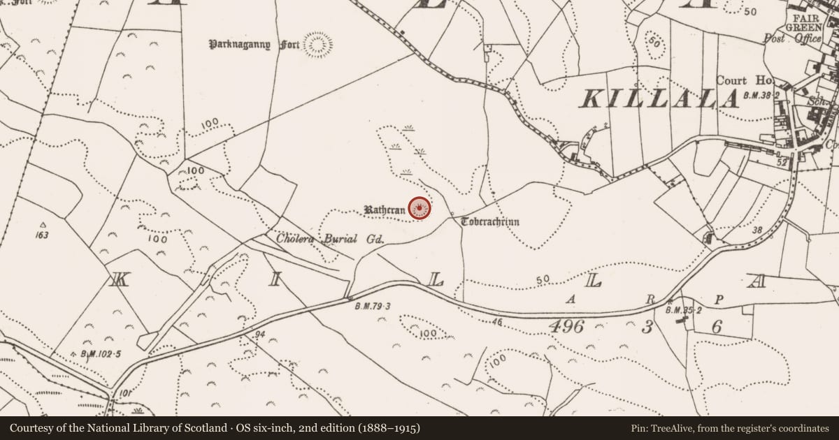 Ordnance Survey six-inch map, 2nd edition (1888–1915) covering the location of Ringfort - rath, Killala, County Mayo, with a pin at the register's coordinates