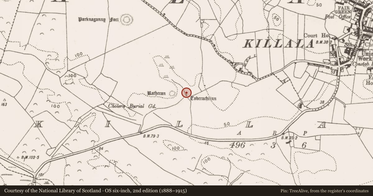 Ordnance Survey six-inch map, 2nd edition (1888–1915) covering the location of Ritual site - holy well, Killala, County Mayo, with a pin at the register's coordinates