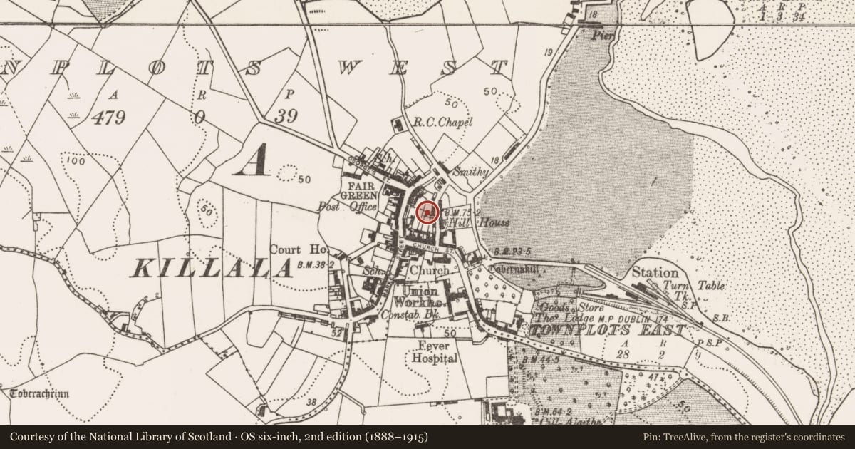 Ordnance Survey six-inch map, 2nd edition (1888–1915) covering the location of Round tower, Townplots West, County Mayo, with a pin at the register's coordinates