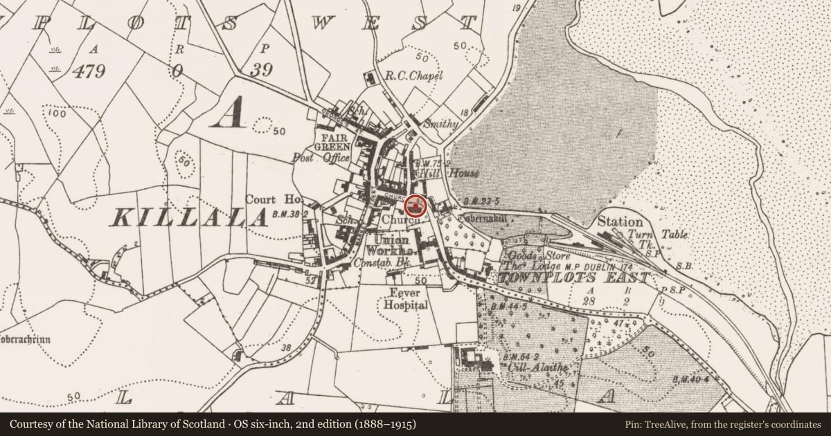 Ordnance Survey six-inch map, 2nd edition (1888–1915) covering the location of Cathedral, Townplots West, County Mayo, with a pin at the register's coordinates