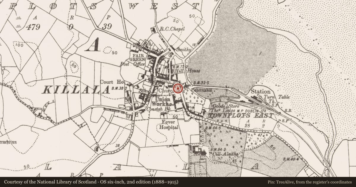 Ordnance Survey six-inch map, 2nd edition (1888–1915) covering the location of Souterrain, Townplots West, County Mayo, with a pin at the register's coordinates