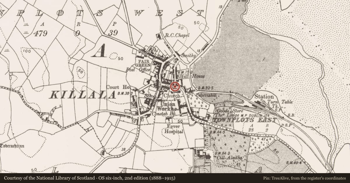 Ordnance Survey six-inch map, 2nd edition (1888–1915) covering the location of Burial, Townplots West, County Mayo, with a pin at the register's coordinates