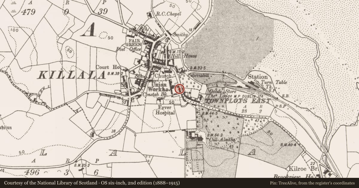 Ordnance Survey six-inch map, 2nd edition (1888–1915) covering the location of Battlefield, Townplots West, Killala, County Mayo, with a pin at the register's coordinates