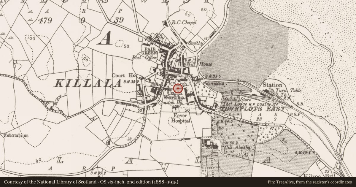 Ordnance Survey six-inch map, 2nd edition (1888–1915) covering the location of Castle - unclassified, Killala, County Mayo, with a pin at the register's coordinates