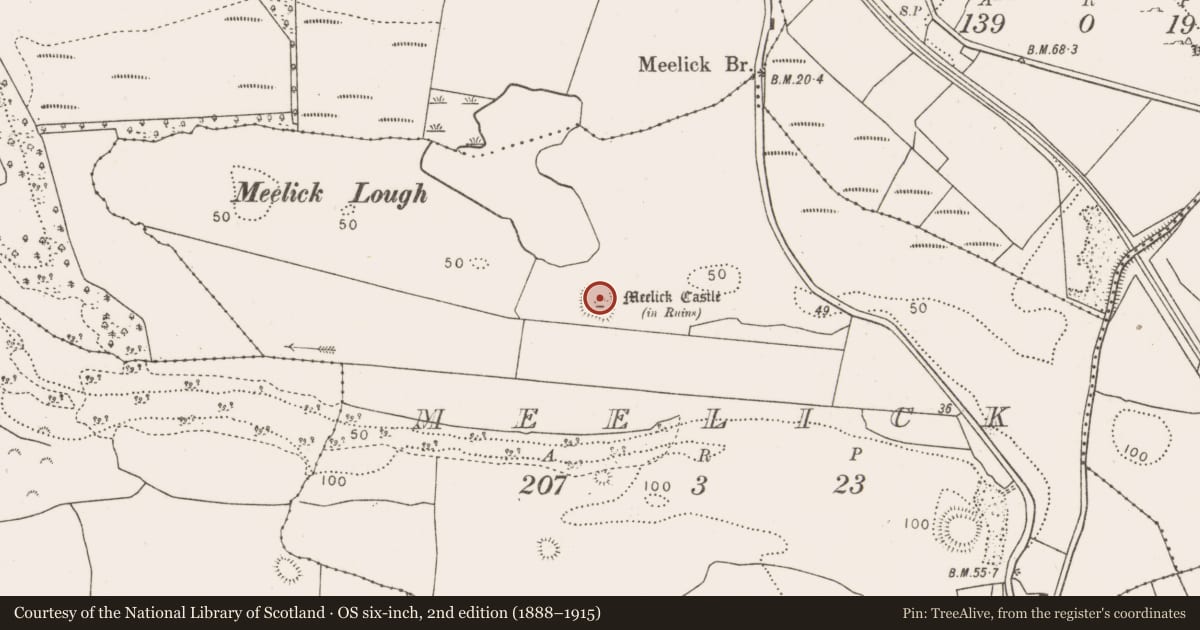 Ordnance Survey six-inch map, 2nd edition (1888–1915) covering the location of Castle - unclassified, Meelick, County Mayo, with a pin at the register's coordinates