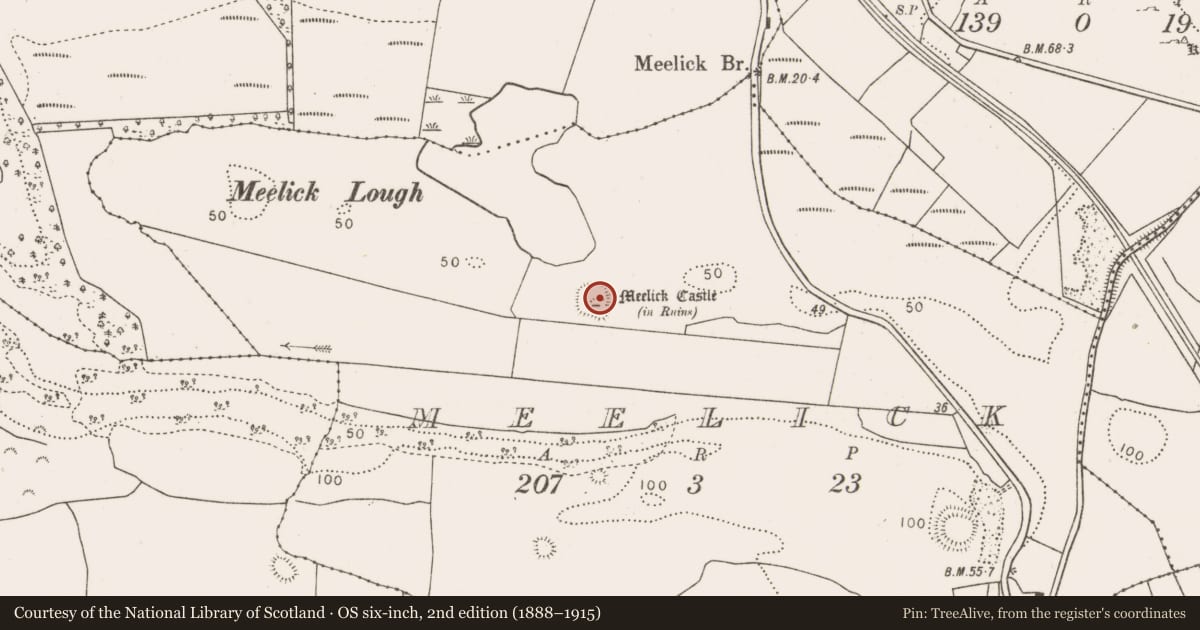 Ordnance Survey six-inch map, 2nd edition (1888–1915) covering the location of Bawn, Meelick, County Mayo, with a pin at the register's coordinates