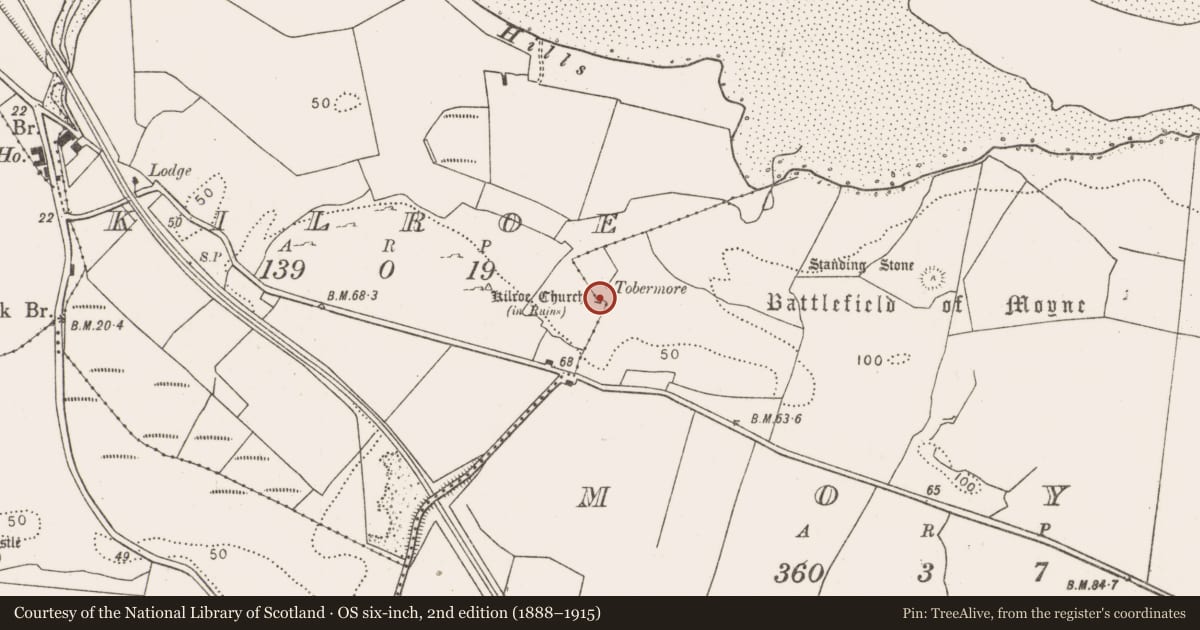 Ordnance Survey six-inch map, 2nd edition (1888–1915) covering the location of Ritual site - holy well, Moyne, County Mayo, with a pin at the register's coordinates