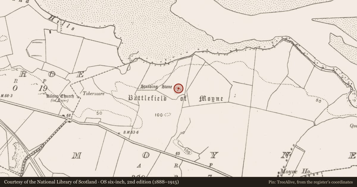 Ordnance Survey six-inch map, 2nd edition (1888–1915) covering the location of Standing stone, Moyne, County Mayo, with a pin at the register's coordinates