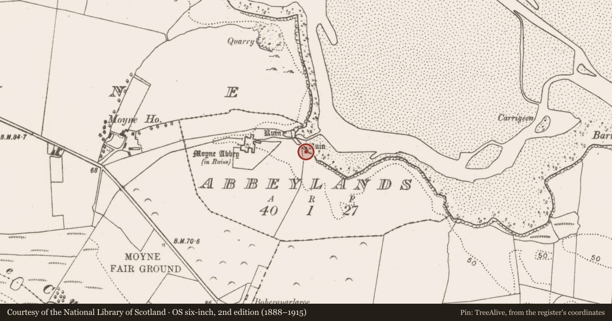 Ordnance Survey six-inch map, 2nd edition (1888–1915) covering the location of Building, Abbeylands, County Mayo, with a pin at the register's coordinates