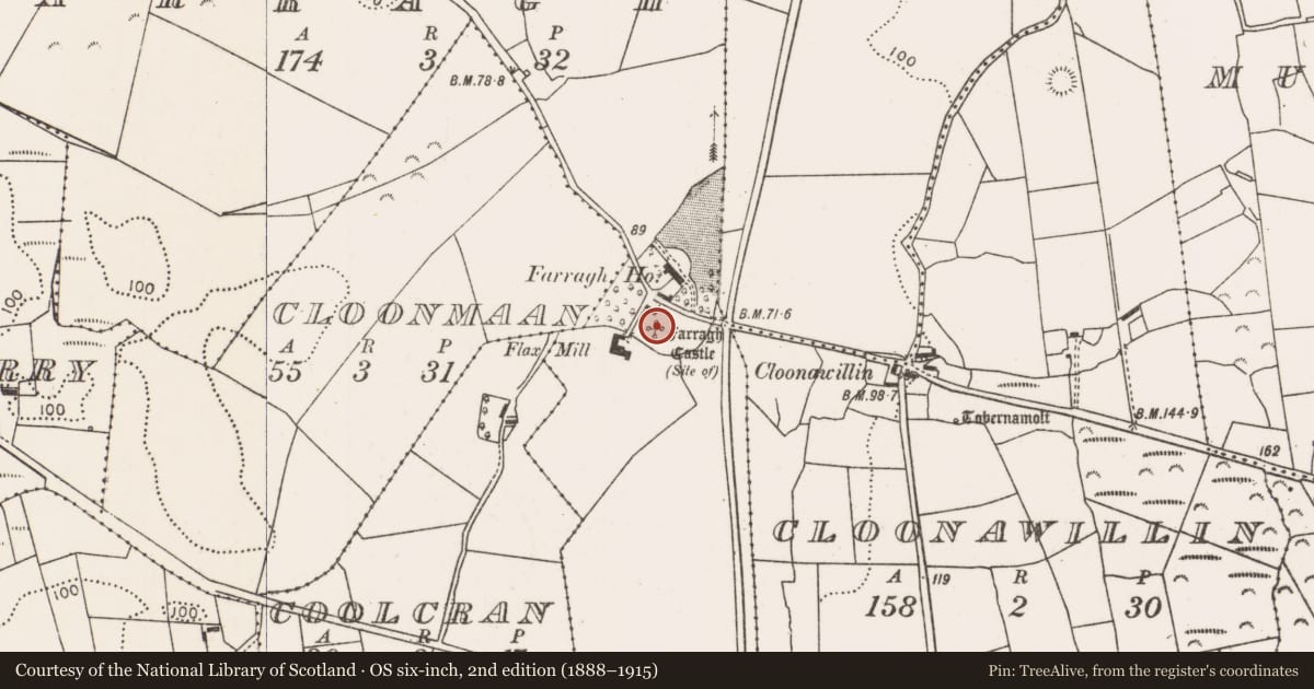 Ordnance Survey six-inch map, 2nd edition (1888–1915) covering the location of Castle - unclassified, Farragh, County Mayo, with a pin at the register's coordinates