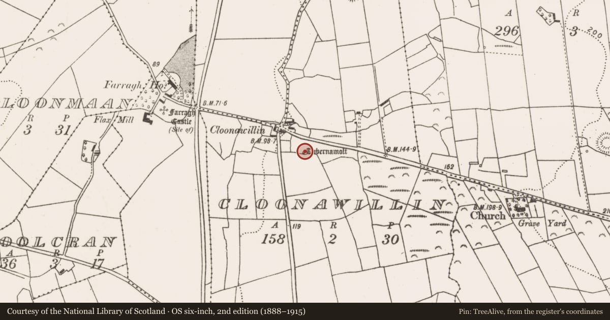 Ordnance Survey six-inch map, 2nd edition (1888–1915) covering the location of Ritual site - holy well, Cloonawillin (Tirawley By., Ballykeery Par.), County Mayo, with a pin at the register's coordinates