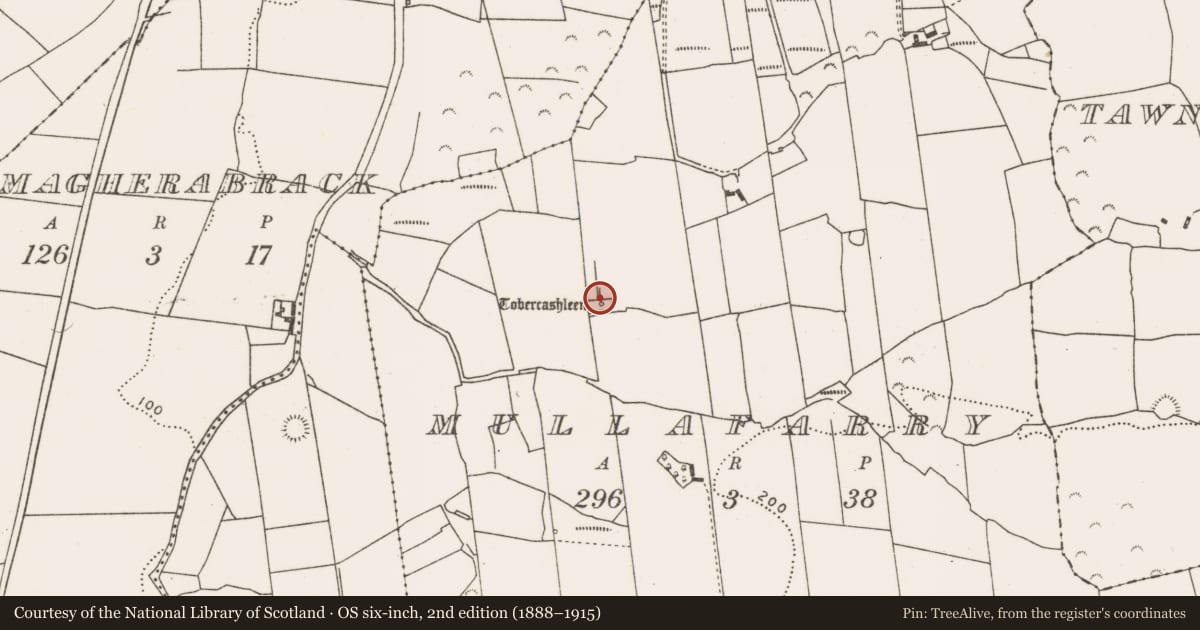 Ordnance Survey six-inch map, 2nd edition (1888–1915) covering the location of Ritual site - holy well, Mullafarry, County Mayo, with a pin at the register's coordinates