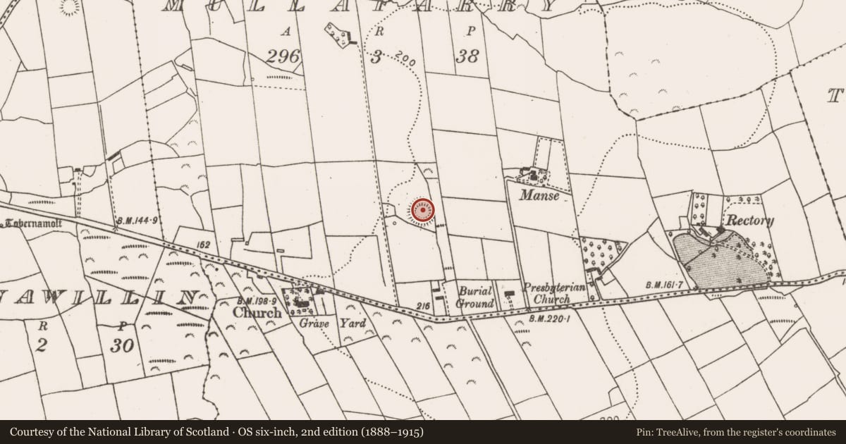 Ordnance Survey six-inch map, 2nd edition (1888–1915) covering the location of Ringfort - rath, Mullafarry, County Mayo, with a pin at the register's coordinates