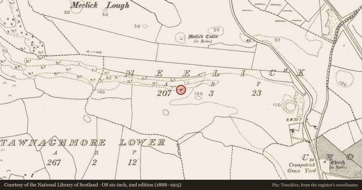 Ordnance Survey six-inch map, 2nd edition (1888–1915) covering the location of Ringfort - rath, Meelick, County Mayo, with a pin at the register's coordinates