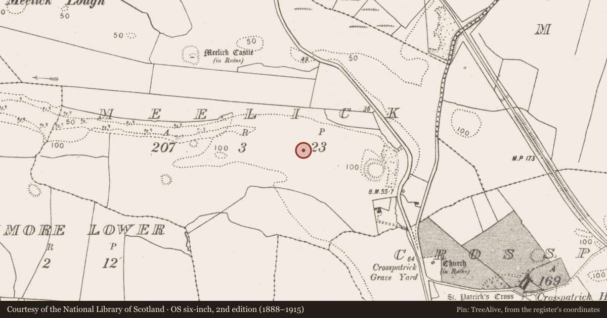 Ordnance Survey six-inch map, 2nd edition (1888–1915) covering the location of Enclosure, Meelick, County Mayo, with a pin at the register's coordinates