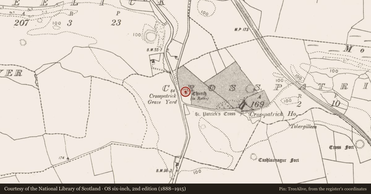 Ordnance Survey six-inch map, 2nd edition (1888–1915) covering the location of Church, Crosspatrick, County Mayo, with a pin at the register's coordinates