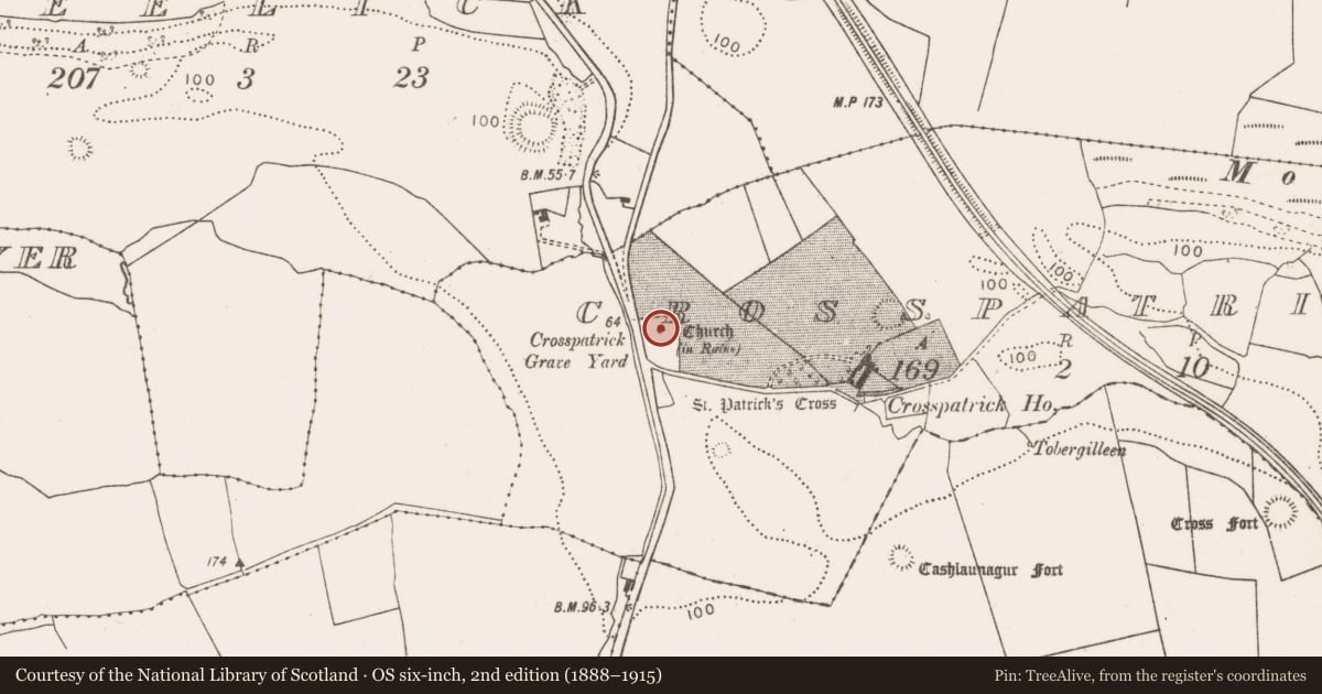 Ordnance Survey six-inch map, 2nd edition (1888–1915) covering the location of Graveyard, Crosspatrick, County Mayo, with a pin at the register's coordinates
