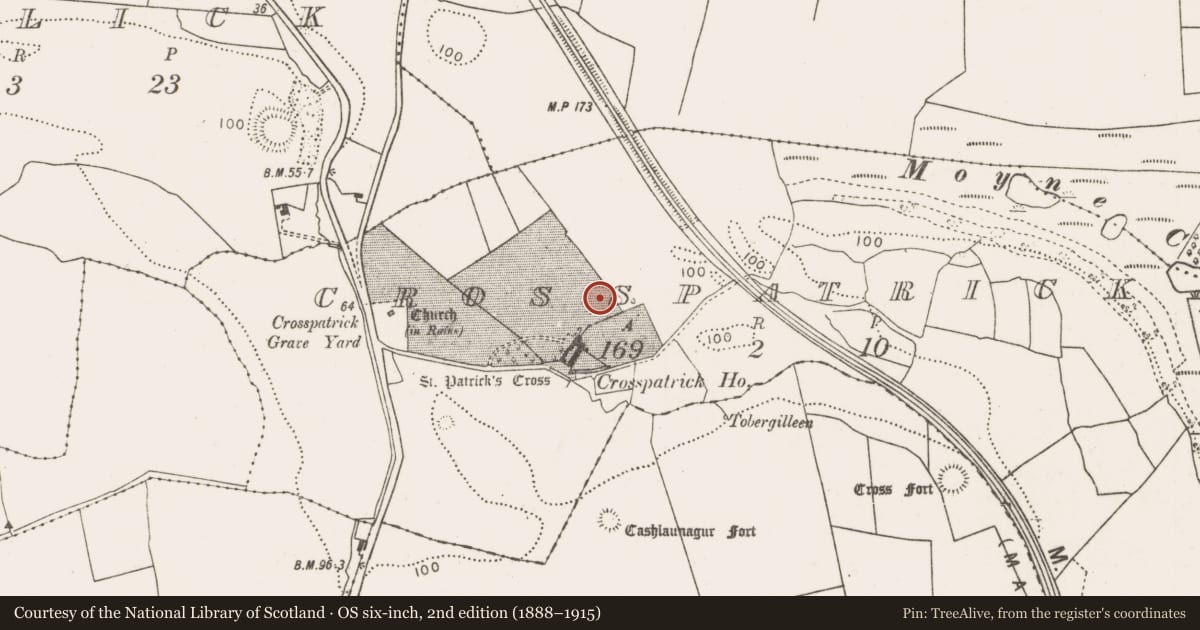 Ordnance Survey six-inch map, 2nd edition (1888–1915) covering the location of Ringfort - rath, Crosspatrick, County Mayo, with a pin at the register's coordinates