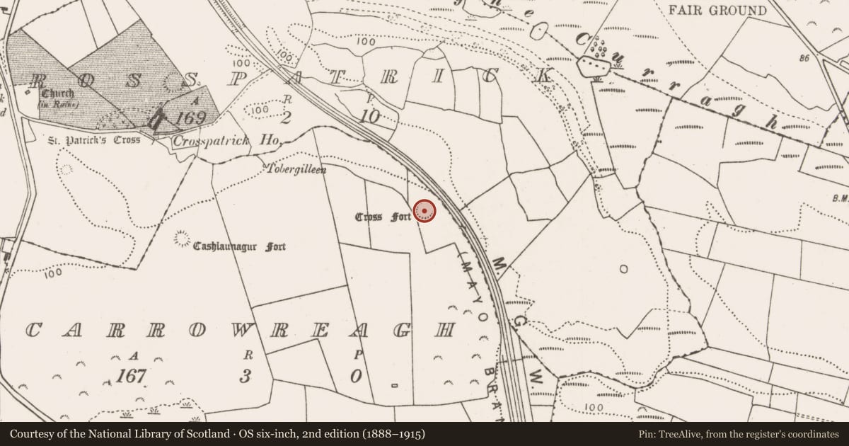 Ordnance Survey six-inch map, 2nd edition (1888–1915) covering the location of Ringfort - rath, Carrowreagh, County Mayo, with a pin at the register's coordinates