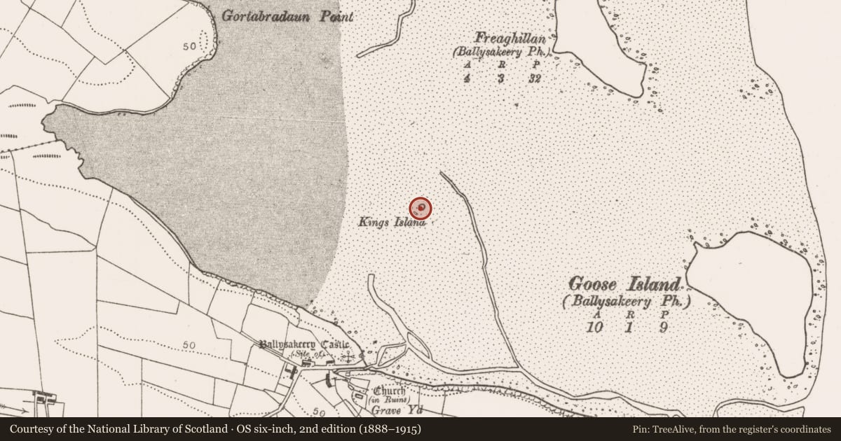 Ordnance Survey six-inch map, 2nd edition (1888–1915) covering the location of Crannog, Killala Bay, County Mayo, with a pin at the register's coordinates