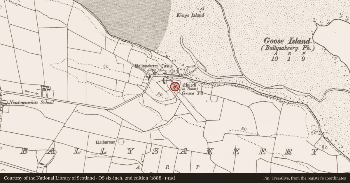 Ordnance Survey six-inch map, 2nd edition (1888–1915) covering the location of Church, Ballysakeery, County Mayo, with a pin at the register's coordinates