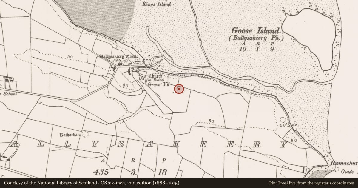 Ordnance Survey six-inch map, 2nd edition (1888–1915) covering the location of Ringfort - rath, Ballysakeery, County Mayo, with a pin at the register's coordinates