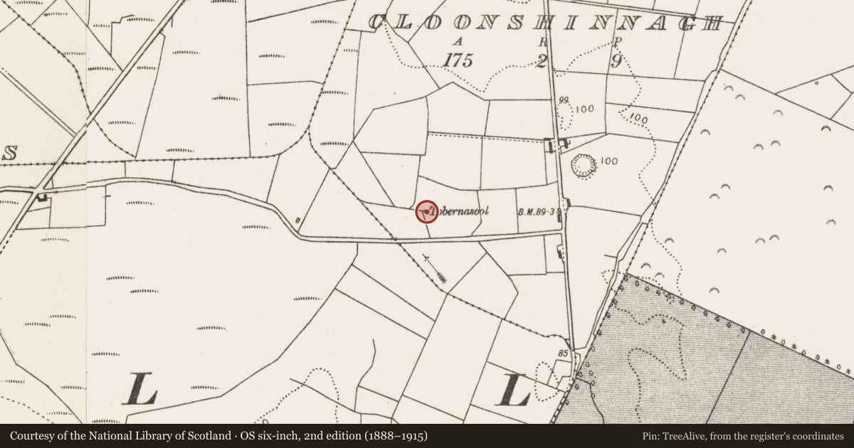 Ordnance Survey six-inch map, 2nd edition (1888–1915) covering the location of Ritual site - holy well, Cloonshinnagh, County Mayo, with a pin at the register's coordinates