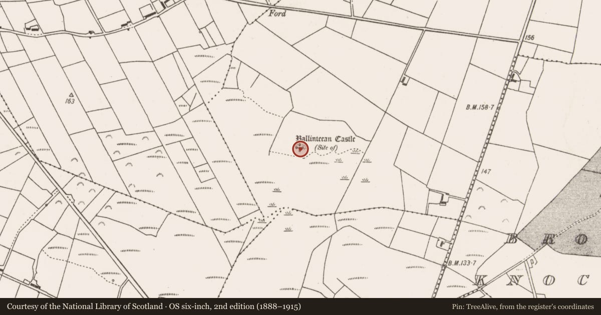 Ordnance Survey six-inch map, 2nd edition (1888–1915) covering the location of Castle - unclassified, Ballinteean, County Mayo, with a pin at the register's coordinates