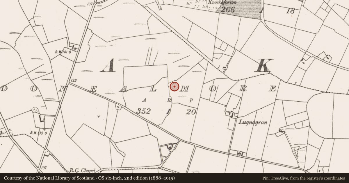 Ordnance Survey six-inch map, 2nd edition (1888–1915) covering the location of Ringfort - rath, Coonealmore, County Mayo, with a pin at the register's coordinates