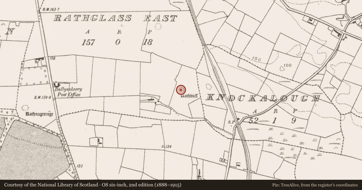Ordnance Survey six-inch map, 2nd edition (1888–1915) covering the location of Ringfort - rath, Rathglass East, County Mayo, with a pin at the register's coordinates