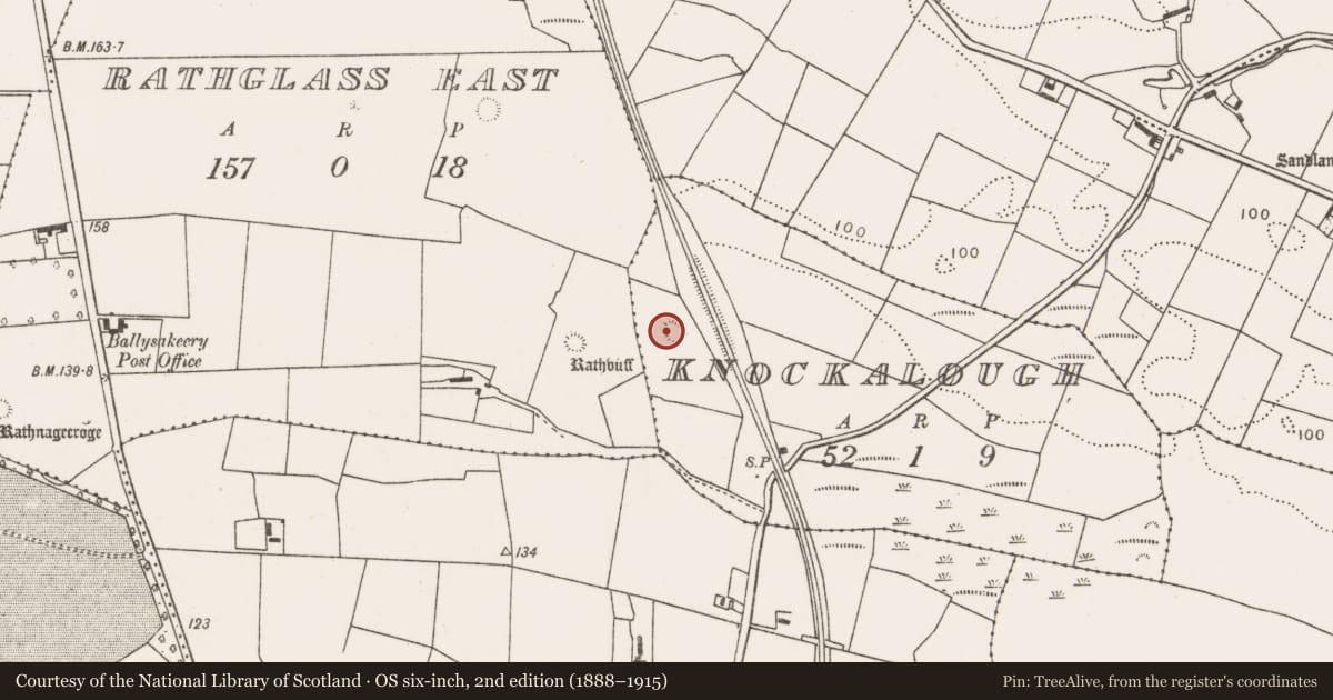 Ordnance Survey six-inch map, 2nd edition (1888–1915) covering the location of Ringfort - rath, Knockalough, County Mayo, with a pin at the register's coordinates