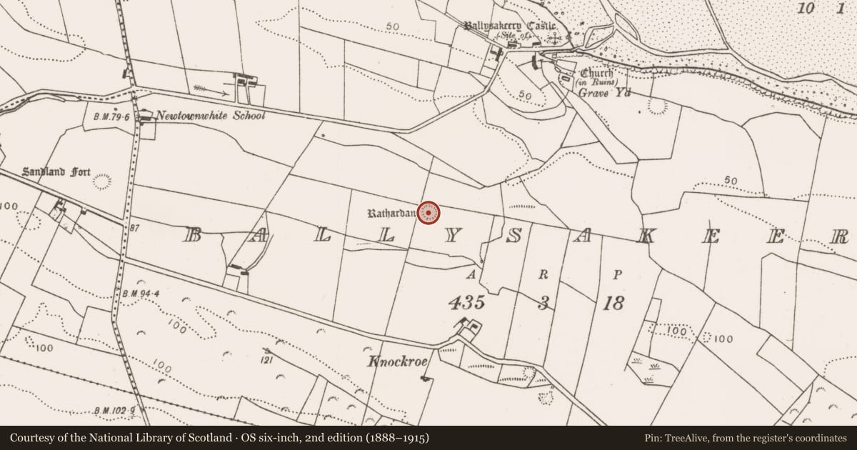 Ordnance Survey six-inch map, 2nd edition (1888–1915) covering the location of Ringfort - rath, Ballysakeery, County Mayo, with a pin at the register's coordinates