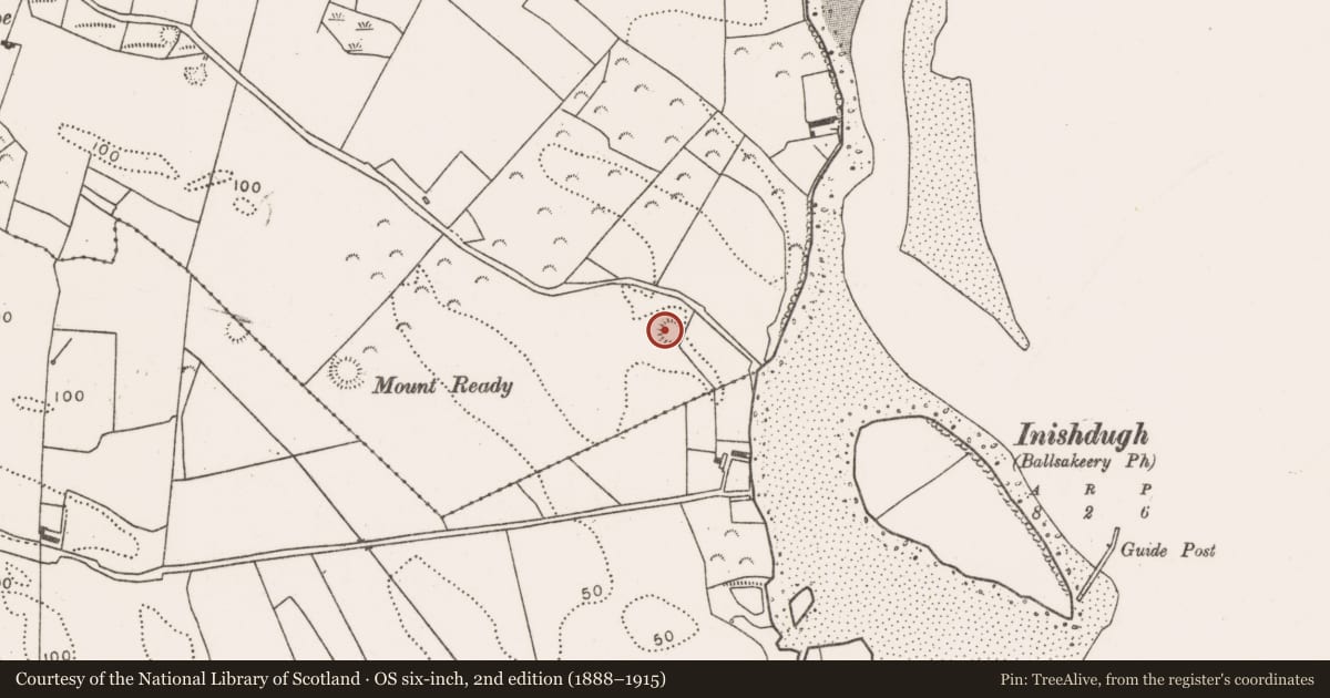 Ordnance Survey six-inch map, 2nd edition (1888–1915) covering the location of Enclosure, Ballysakeery, County Mayo, with a pin at the register's coordinates