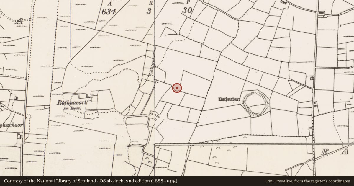 Ordnance Survey six-inch map, 2nd edition (1888–1915) covering the location of Ringfort - rath, Balloughadalla, County Mayo, with a pin at the register's coordinates