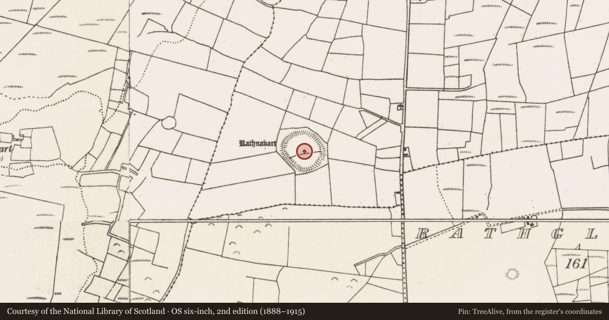Ordnance Survey six-inch map, 2nd edition (1888–1915) covering the location of Hilltop enclosure, Ballybroony, County Mayo, with a pin at the register's coordinates