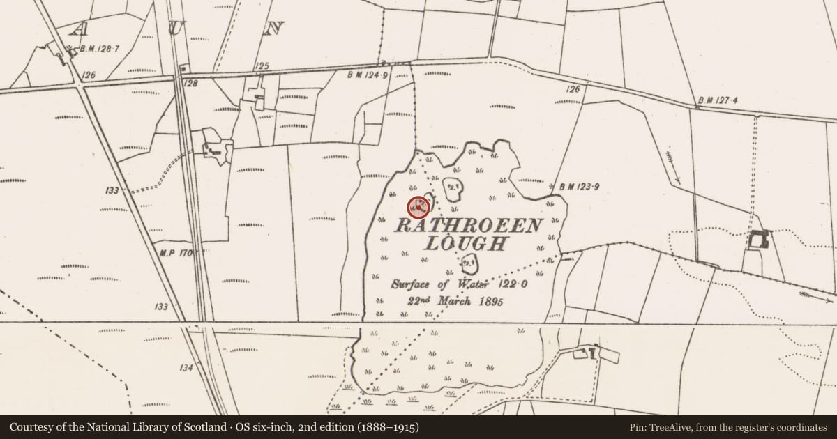 Ordnance Survey six-inch map, 2nd edition (1888–1915) covering the location of Crannog, Coonealcauraun, County Mayo, with a pin at the register's coordinates