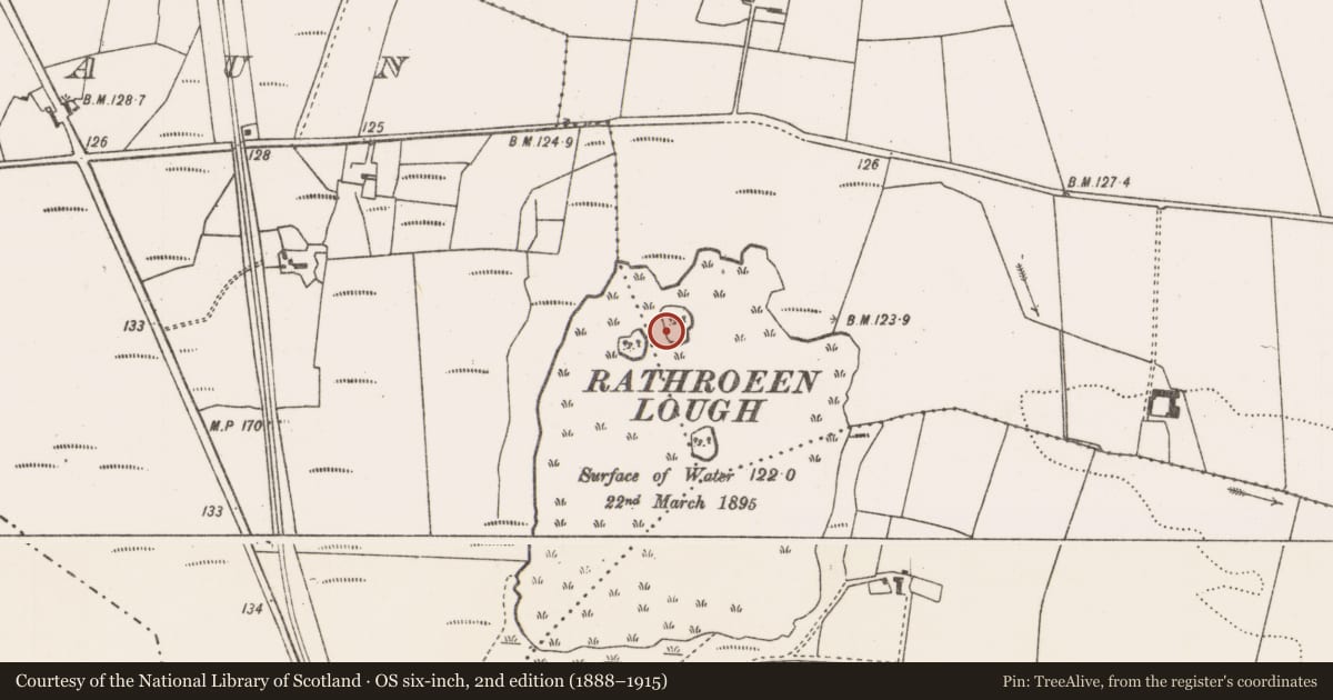 Ordnance Survey six-inch map, 2nd edition (1888–1915) covering the location of Crannog, Rosserk, County Mayo, with a pin at the register's coordinates