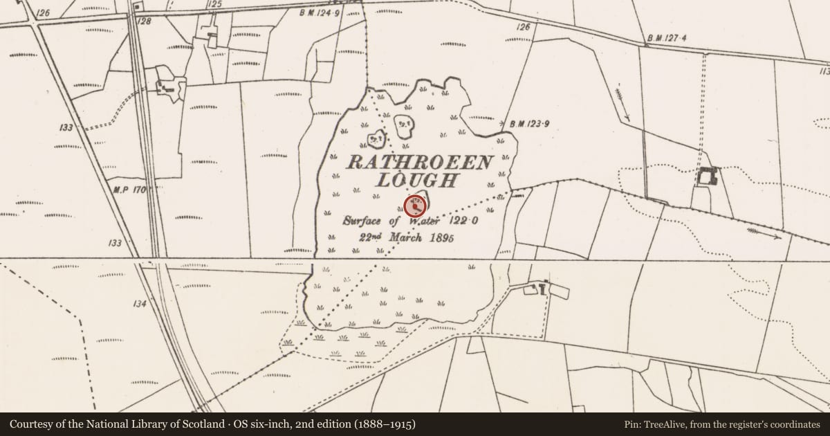 Ordnance Survey six-inch map, 2nd edition (1888–1915) covering the location of Crannog, Rosserk, County Mayo, with a pin at the register's coordinates
