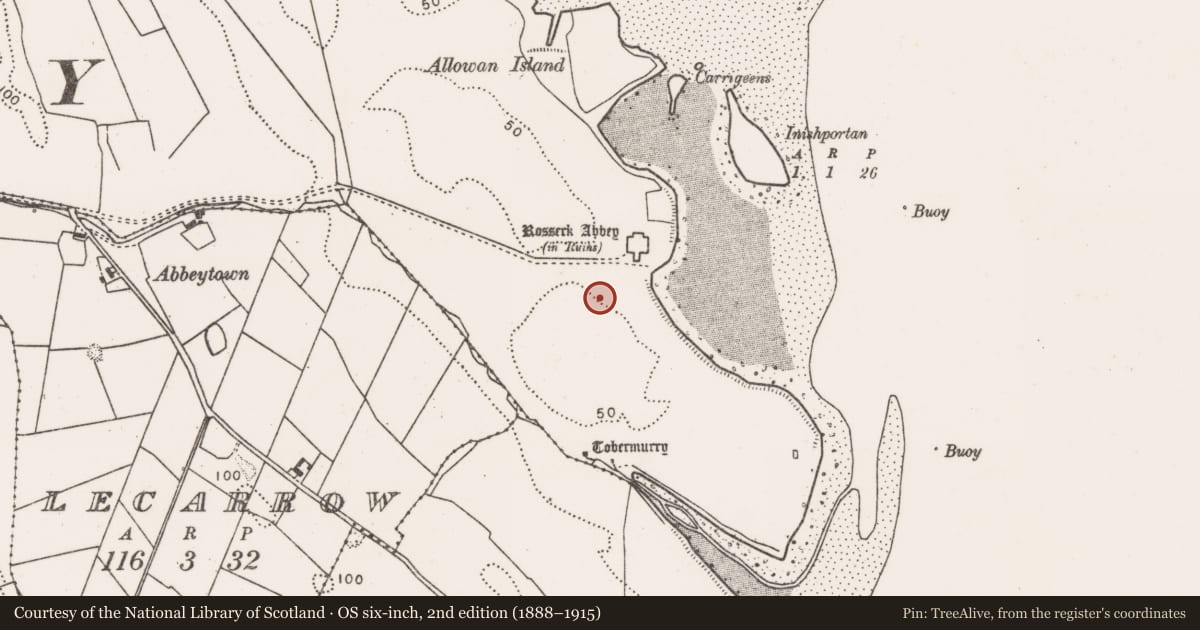 Ordnance Survey six-inch map, 2nd edition (1888–1915) covering the location of Earthwork, Rosserk, County Mayo, with a pin at the register's coordinates